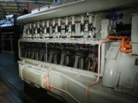 A Diesel Engine.  A diesel engine with the crank case cover removed.