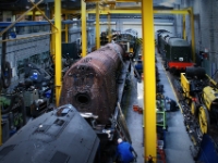 The Maintenance Workshop Area.  Looking down into the workshop area we can see the Sir Nigel Gresley without its streamlining showing the boiller and firebox.